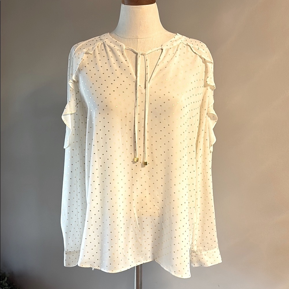 Michael Kors ivory / gold stars ruffke sleeve and shoulders blouse tie neck L
